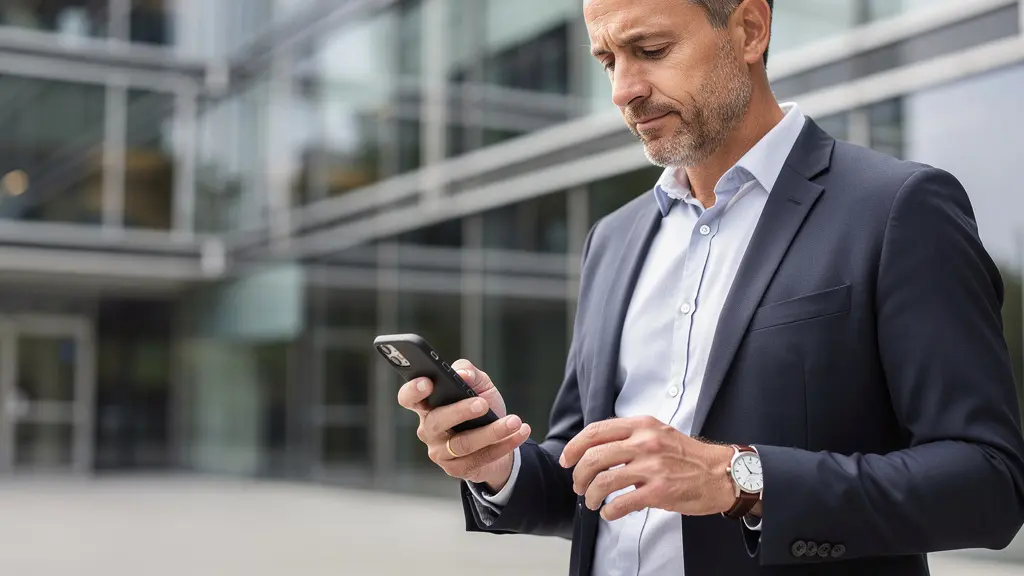 Schweizer Geschäftsmann betrachtet Immobilien-App auf Smartphone – Marktanalyse Basel